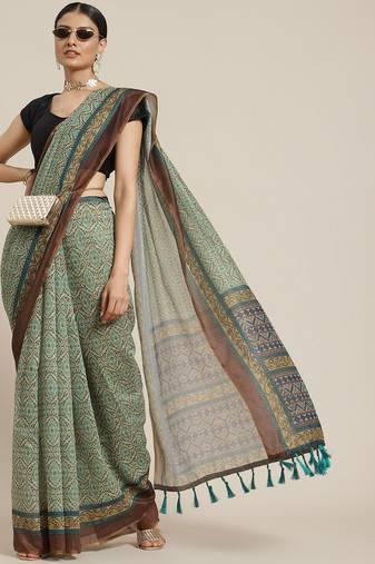 Silk Land  Green  Printed Cotton Blend Saree 