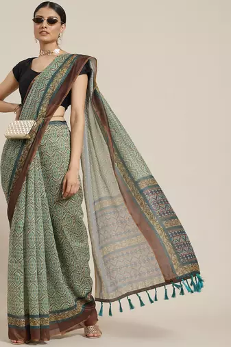 Silk Land  Green  Printed Cotton Blend Saree 