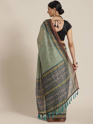 Silk Land  Green  Printed Cotton Blend Saree  2