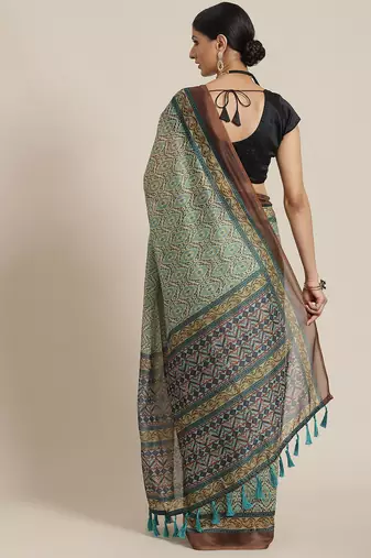 Silk Land  Green  Printed Cotton Blend Saree 