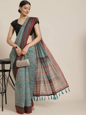 Silk Land  Teal  Printed Cotton Blend Saree  1