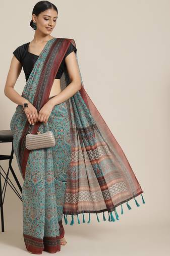 Silk Land  Teal  Printed Cotton Blend Saree 
