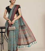 Silk Land  Teal  Printed Cotton Blend Saree 