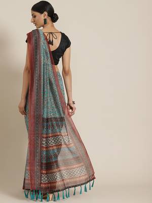 Silk Land  Teal  Printed Cotton Blend Saree  2