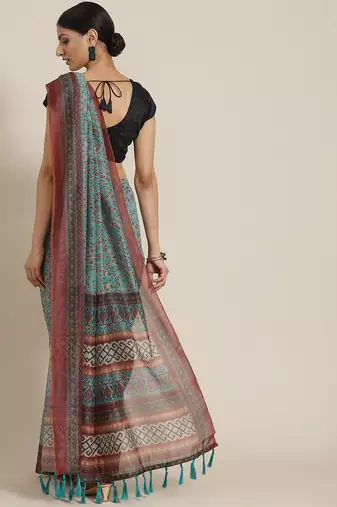 Silk Land  Teal  Printed Cotton Blend Saree 