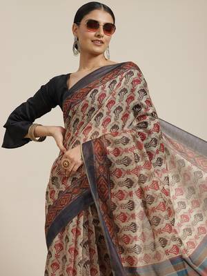 Silk Land  navy blue  printed cotton blend saree  1