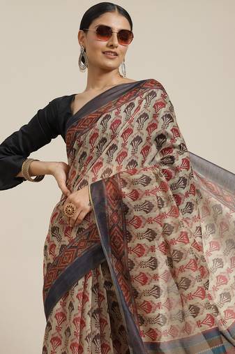 Silk Land  navy blue  printed cotton blend saree 