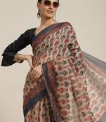 Silk Land  navy blue  printed cotton blend saree 