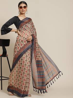 Silk Land  navy blue  printed cotton blend saree  2