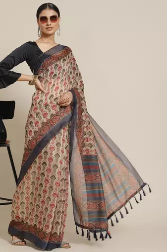 Silk Land  navy blue  printed cotton blend saree 