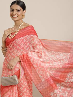 Silk Land  Pink  Printed Cotton Blend Saree  1