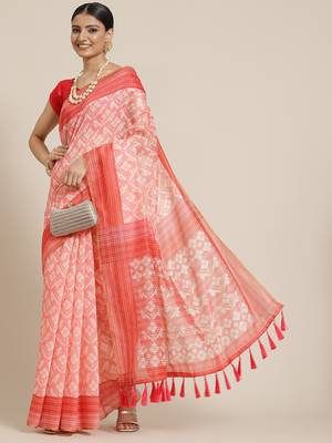 Silk Land  Pink  Printed Cotton Blend Saree  2