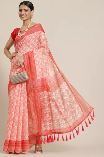 Silk Land  Pink  Printed Cotton Blend Saree 