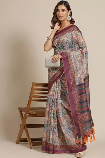 Silk Land  Multicolored Printed Cotton Blend Saree 