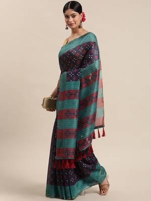 Silk Land  Navy Blue  Printed Cotton Blend Saree  1