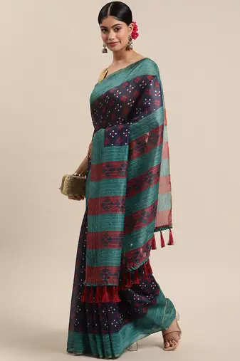 Silk Land  Navy Blue  Printed Cotton Blend Saree 