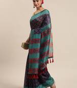 Silk Land  Navy Blue  Printed Cotton Blend Saree 