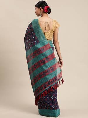 Silk Land  Navy Blue  Printed Cotton Blend Saree  2