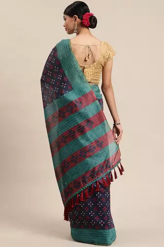 Silk Land  Navy Blue  Printed Cotton Blend Saree 