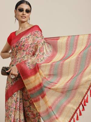 Silk Land  Yellow  Printed Cotton Blend Saree  1
