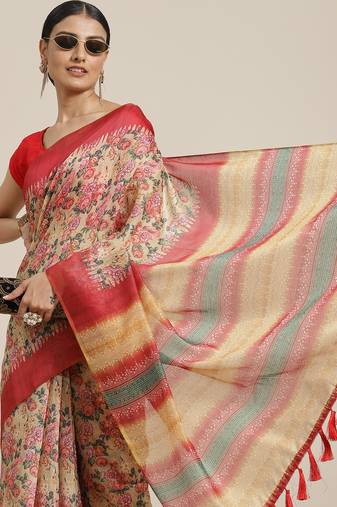Silk Land  Yellow  Printed Cotton Blend Saree 