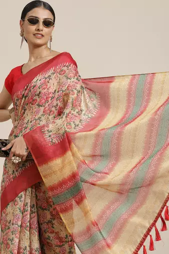 Silk Land  Yellow  Printed Cotton Blend Saree 