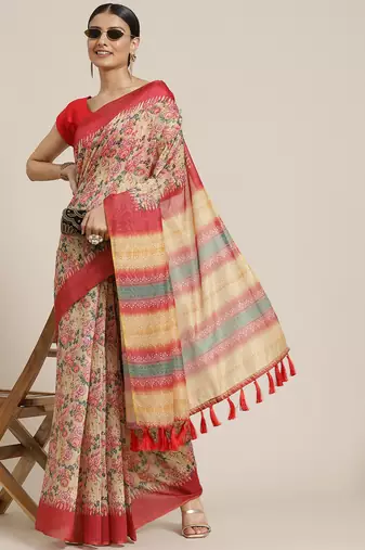 Silk Land  Yellow  Printed Cotton Blend Saree 