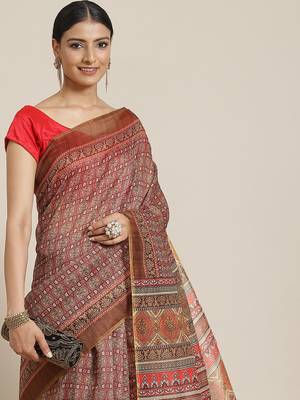 Silk Land  Beige  Printed Cotton Blend Saree  1