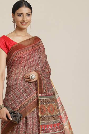 Silk Land  Beige  Printed Cotton Blend Saree 