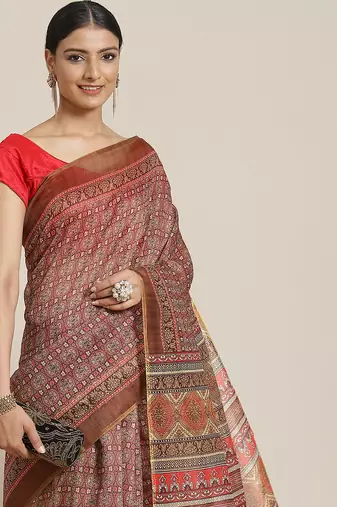Silk Land  Beige  Printed Cotton Blend Saree 