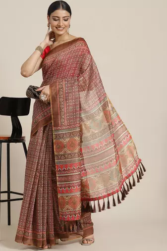 Silk Land  Beige  Printed Cotton Blend Saree 