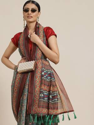 Silk Land  Maroon  Printed Cotton Blend Saree  1