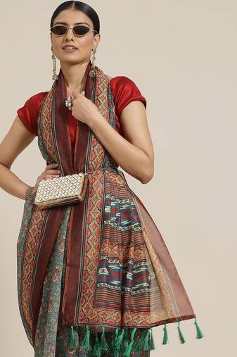 Silk Land  Maroon  Printed Cotton Blend Saree 