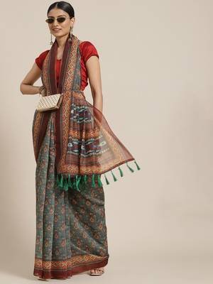 Silk Land  Maroon  Printed Cotton Blend Saree  2