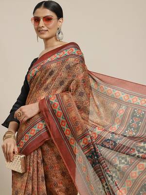 Silk Land  Brown  Printed Cotton Blend Saree  1