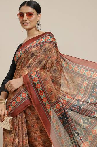 Silk Land  Brown  Printed Cotton Blend Saree 