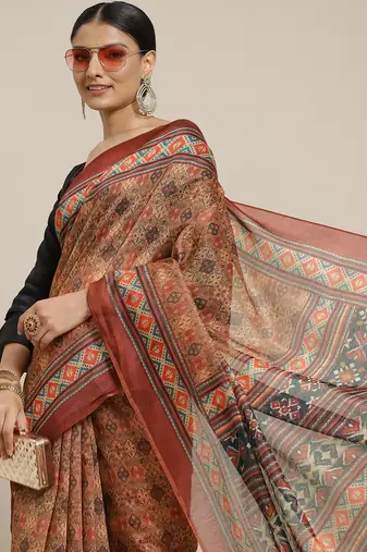 Silk Land  Brown  Printed Cotton Blend Saree 