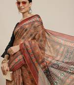 Silk Land  Brown  Printed Cotton Blend Saree 
