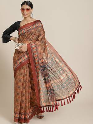 Silk Land  Brown  Printed Cotton Blend Saree  2