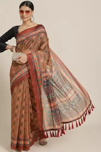 Silk Land  Brown  Printed Cotton Blend Saree 