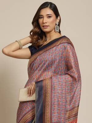 Silk Land  Grey  Printed Cotton Blend Saree  1