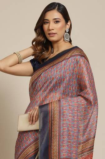 Silk Land  Grey  Printed Cotton Blend Saree 