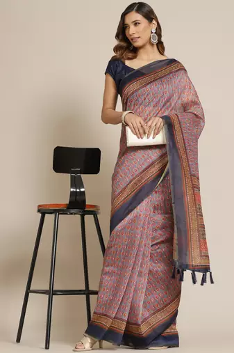 Silk Land  Grey  Printed Cotton Blend Saree 