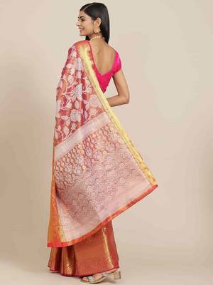 Silk Land  Pink  Embellished Brocade Saree  2