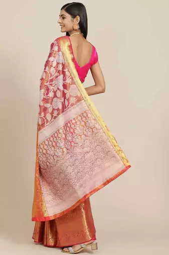 Silk Land  Pink  Embellished Brocade Saree 