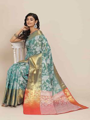 Silk Land  Teal  Embellished Brocade Saree  1