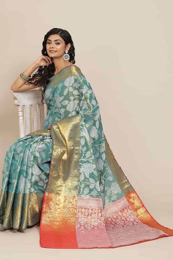 Silk Land  Teal  Embellished Brocade Saree 