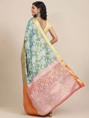 Silk Land  Teal  Embellished Brocade Saree  2