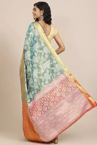 Silk Land  Teal  Embellished Brocade Saree 