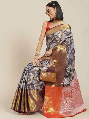 Silk Land  Navy Blue  Embellished Brocade Saree  1